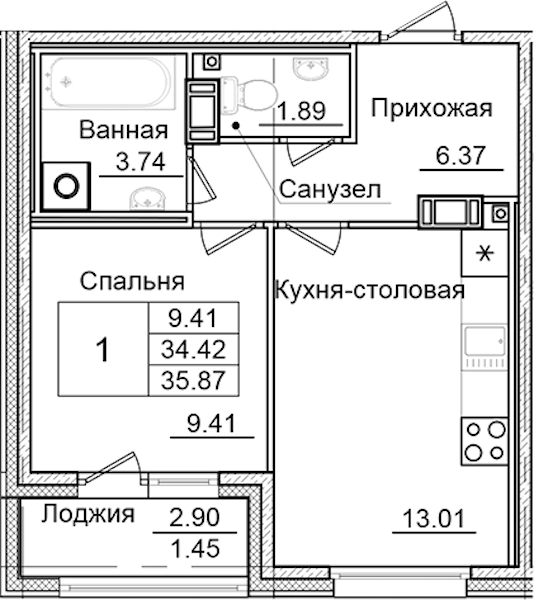 1-комнатная квартира 35.87 м², 2/9 эт., ЖК «Квартал Заречье»